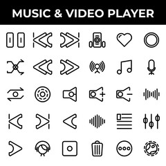 music & video player icon set include pause, track, music, skip, ahead, skip ahead, back, skip back, shake, shuffle, reload, rewind, audio player, repeat, media player, disc, sound, mute, start
