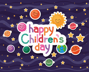 Happy childrens day with space cartoons icons vector design