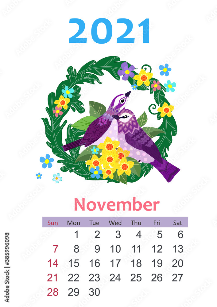 Wall mural Bird calendar 2021. romantic floral wreath with butterflies. des