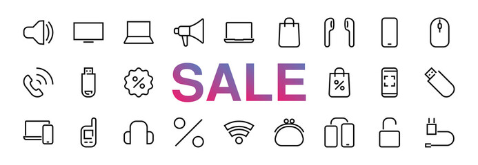 A set of smart devices and gadgets, computer hardware and electronics. Electronic devices icons for web and mobile vector lines. computer, telephone. Editable stroke. 48x48 pixels black friday