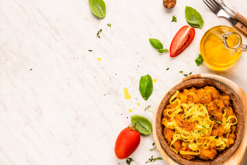 Homemade Italian Pasta with Vegetarian Sauce Served in Edible Plant Based Bowls. Eco Cooking.