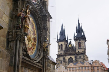 Prague astronomical clock and Tyn church