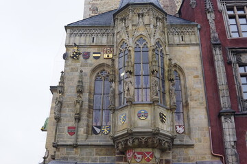 The gothic oriel window of the Old Town Hall in Prague