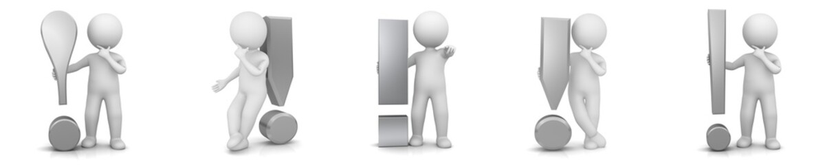 Exclamation mark Exclamation point 3d silver advice sign symbol white stickman isolated on white background