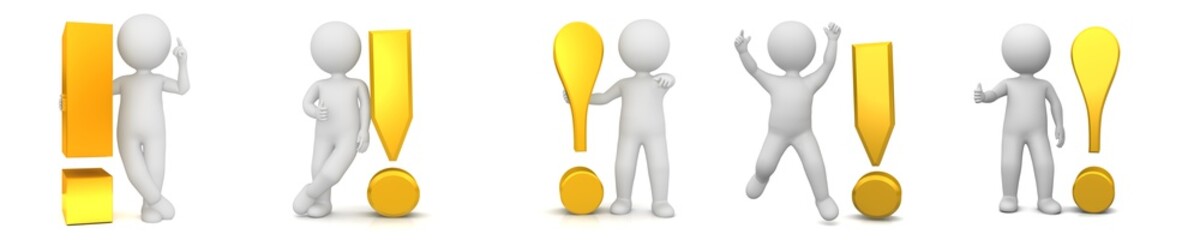Exclamation mark exclamation point golden 3d advice warning sign symbol with white stickman people man person