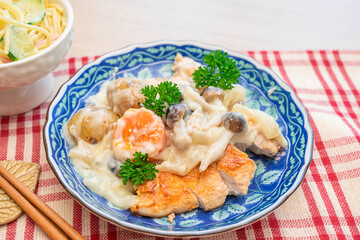 鶏むね肉のステーキ　キノコのホワイトソース