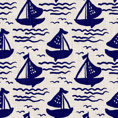 Nautical navy blue sailing boat on burlap linen texture background. Natural summer coastal living style design. Modern mariner home decor seamless pattern tile swatch. 
