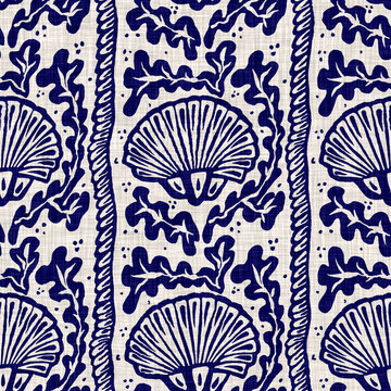 
Aquatic blue sea shell on cream linen texture background. Summer coastal living style home decor tile. Under the sea life scallop maritime material. Modern mariner natural textile seamless pattern.
