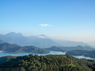 View of beatuful lake from the mountain at sunset time, Sun Moon Lake, Taiwan.