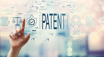 Patent concept with hand pressing a button on a technology screen