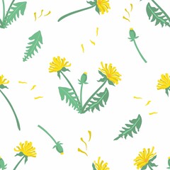 Vector seamless pattern of yellow flowers on a white background. Dandelions repeating ornament. Design for printing on textiles, paper, wallpaper, packaging.
