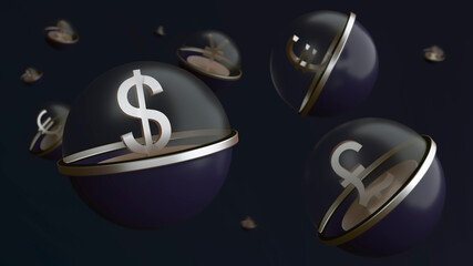 Dollar symbol in a blue sphere with a transparent top, surrounded by symbols of other currencies - the euro, yen, British pound on a dark blue background. 3D. Finance. Forex trading concept.