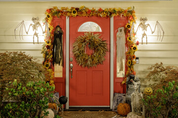 Fototapeta na wymiar House Entrance Decorated for Halloween