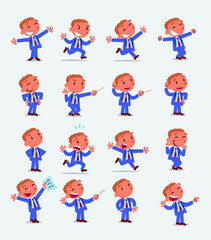 Cartoon character businessman in smart casual style. Set with different postures, attitudes and poses, doing different activities in isolated vector illustrations