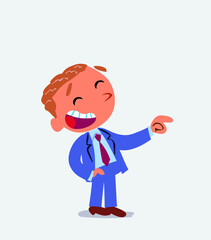 cartoon character of businessman points to his side while laughing