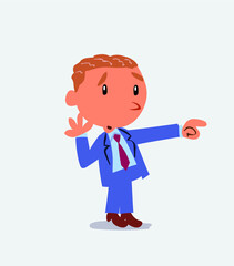 Surprised cartoon character of businessman points to something to his side