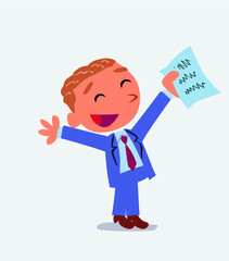  very happy cartoon character of businessman with a document in hand.