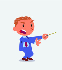 angry cartoon character of businessman with pointer points to the side