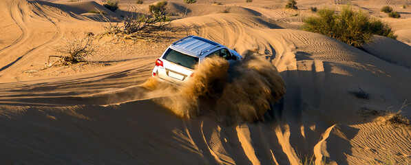 Dust sand cloud car wheel Driving on jeeps Desert Safari
