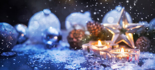 Christmas Candles, Christmas and New Year holidays background, winter season.
