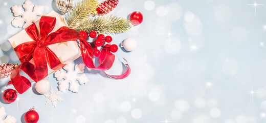 Merry Christmas and Happy New Year, Holidays greeting card with blurred bokeh background