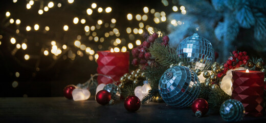 Merry Christmas and Happy New Year, Holidays greeting card with blurred bokeh background