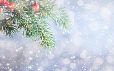 Merry Christmas and Happy New Year, Holidays greeting card with blurred bokeh background