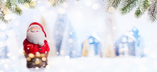 Merry Christmas and Happy New Year, Holidays greeting card with blurred bokeh background