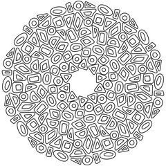 Abstract mandala from simple geometric shapes with rounded corners, coloring book page or linear shapes, vector outline illustration for design and creativity