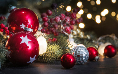 Merry Christmas and Happy New Year, Holidays greeting card with blurred bokeh background