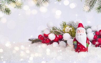 Merry Christmas and Happy New Year, Holidays greeting card with blurred bokeh background