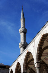 Minaret and arcade of Blue Mosque in Istanbul, Turkey.