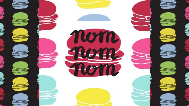 Colorful hamburger pattern background. Fast food delivery service. American cuisine restaurant promotion. White nom message. Snacks assortment dynamic art animation isolated on black.