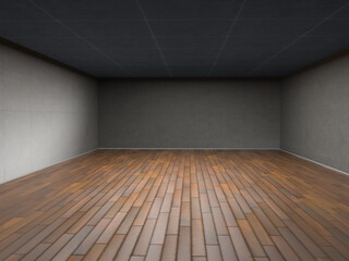 Darkly lit mpty room with concrete walls and wooden floor boards