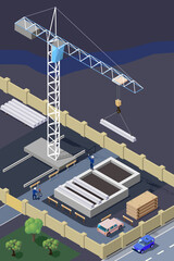 Construction site with tower crane in 3D. Installation of reinforced concrete floor beams on basement walls of the private house.