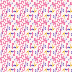 Treble clef, notes, heart, stars, abstract elements seamless pattern in pink, blue pastel colors. Music backdrop