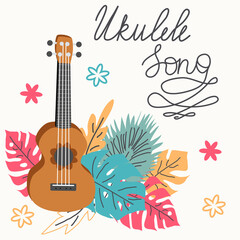 Ukulele and tropical leafs. hand drawn illustration