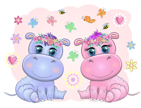Two Cute cartoon hippo with beautiful eyes among flowers, hearts, a boy and a girl. baby shower invitation