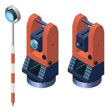 Total station theodolite and prism reflector. Geodesy in construction