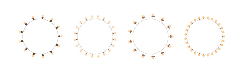 Collection of four circles with festive garlands. Simple decorative wreath out of light bulbs. Template for new year, christmas, birthday projects. Vector illustration isolated on white background