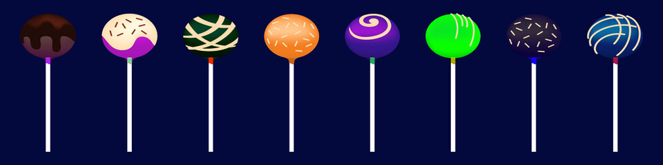 set of cake pops cartoon icon design template with various models. vector illustration isolated on blue background