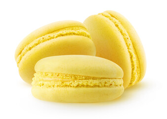Three yellow macaroons isolated on white background