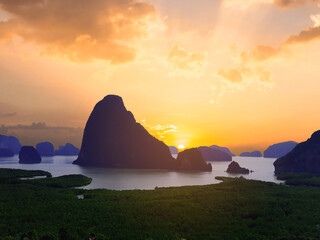 Sunset/sunrise time at Samed Nang Chee mountain view point in Phang Nga Province, with the...