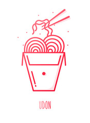 Udon noodles in a box. Food delivery vector icon in gradient line style.