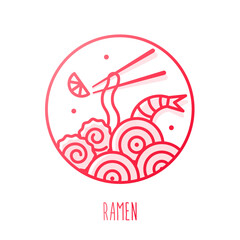 Icon in gradient line style with noodles, mussels, shrimp and chopsticks. Vector food background.