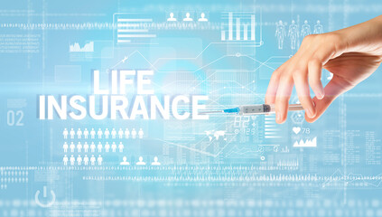 Close-up view of doctor's hand in a white glove holding syringe with LIFE INSURANCE inscription, healthcare and medical concept