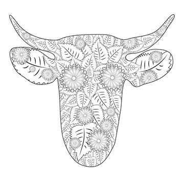 Hand drawn doodle outline cow head decorated with ornaments. zentangle illustration.Floral ornament.