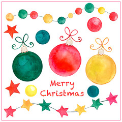Kids hand drawing set of Christmas and New Year items painted with colored pencils, crayon pastel...