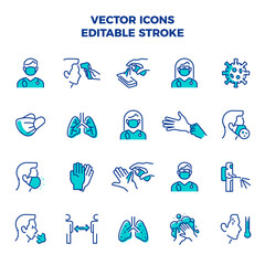 Coronavirus Icon Set Linear Line Color Icons fully Editable Stroke containing such icons like: Face Mask Virus Temperature Disinfection Washing Hands Cough Lungs Sanitize Sanitizer Doctor Distance