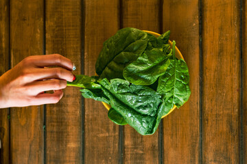organic green spinach in bowl, a hand wood background